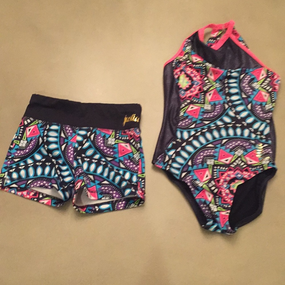 A leotard with workout shorts